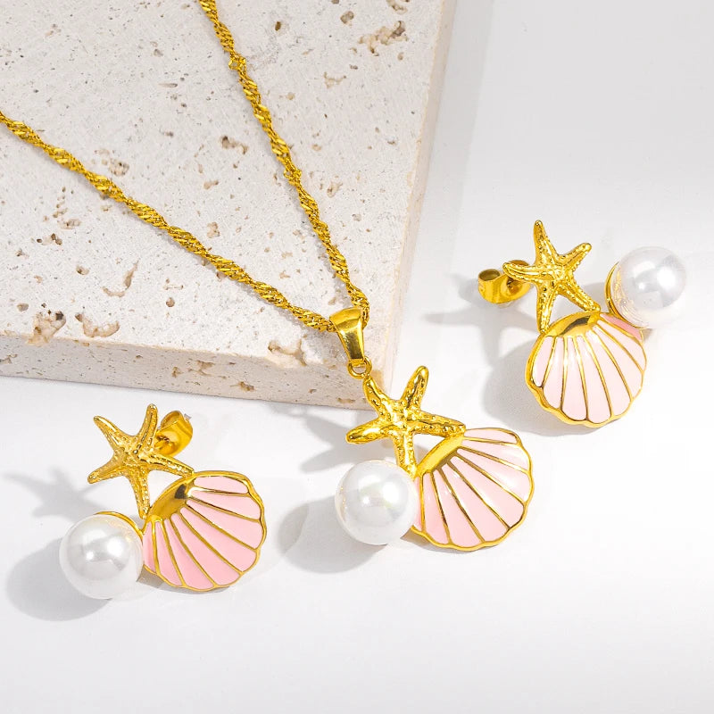 18K Gold Plated Stainless Steel Pink Shell Earrings Necklace New Design Geometric Pattern Jewelry