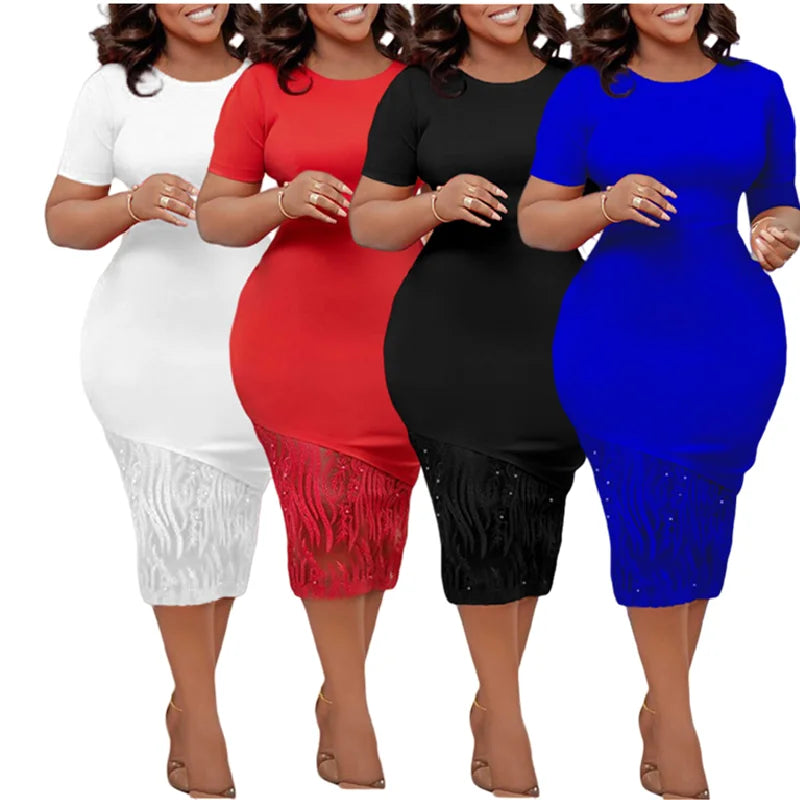 D3196 Latest Design Women Summer Dresses Lace Splice Bead Wrap Hip Ladies Office Dresses Women Formal Work Career Dresses