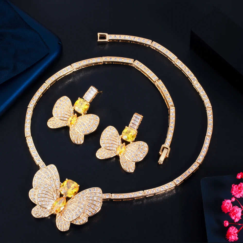 Luxury Big Butterfly CZ Cubic Zircon Earrings and Necklace Jewelry Sets for Women Bridal Wedding Dubai Gold Plated Collection