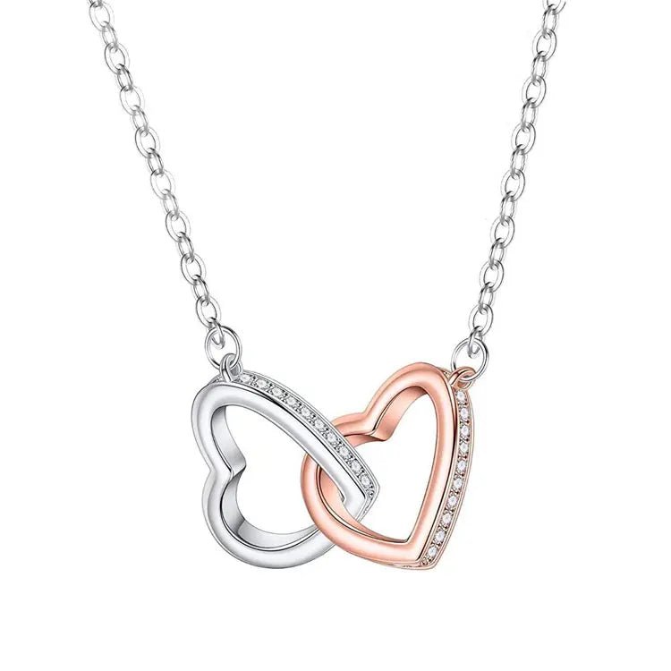 Hot Selling Full Diamond Double Heart Pendant Necklace Valentine's Day Interlocked Two Tone Love Heart Necklace Gift to Her