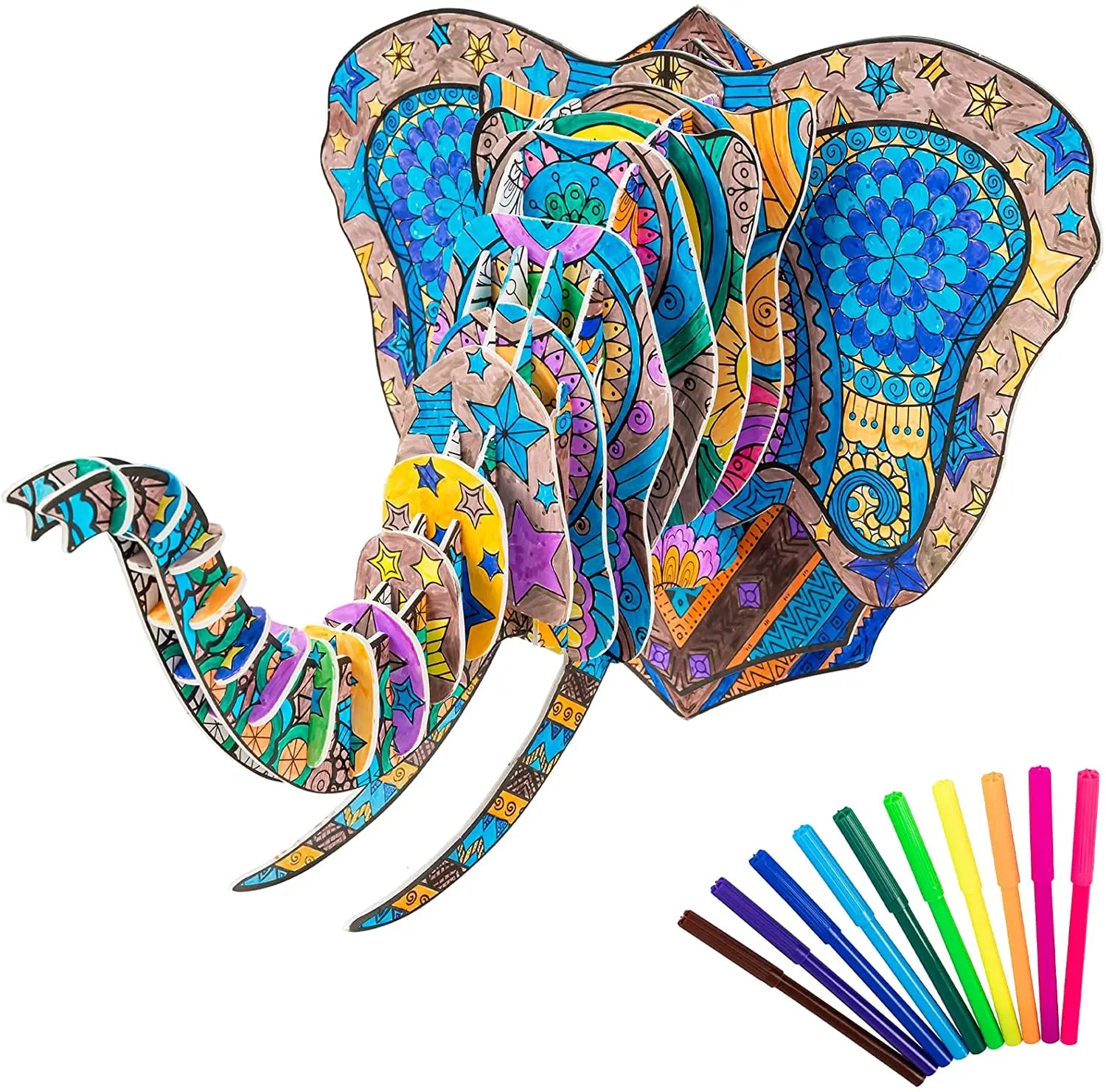 3D Coloring Puzzle Creative DIY Painting Puzzle Set Toy with 10 Coloring Pens Fun Arts Crafts Gift for Kids - Elephant
