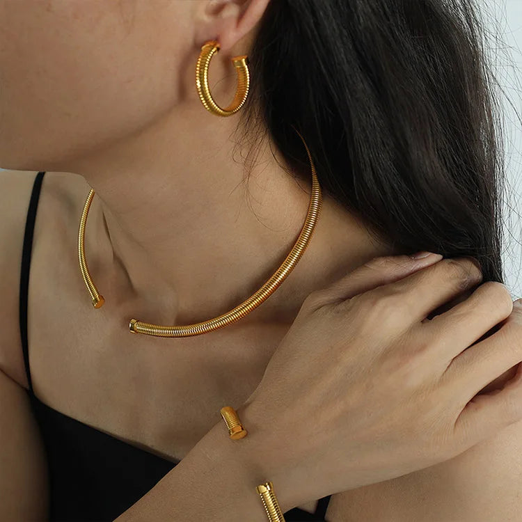 Gold Chunky Stainless Steel Flex Snake Chain Thick Cobra Cuff Bracelet Bangle Earring Choker Necklace Jewelry Sets for Women