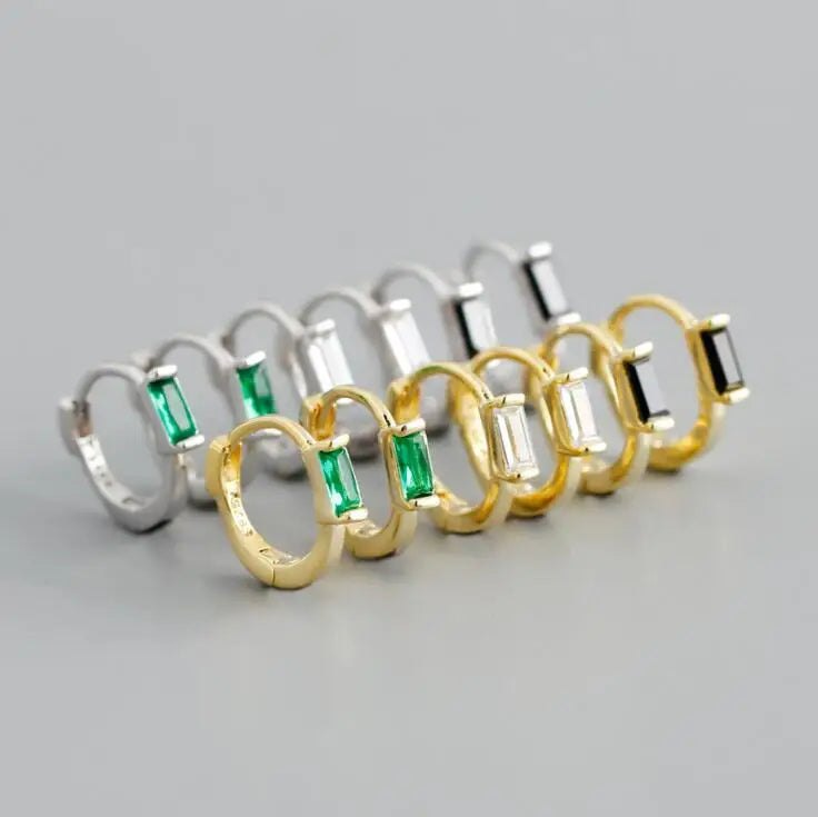 925 Sterling Silver Minimal Jewelry Tiny Rectangle Green CZ Stone Cubic Zirconia Small Hoop Earrings for Women
