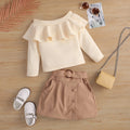 10%OFF 90-130cm New Spring/Autumn Girls One-Shoulder Ruffled Long Sleeve Pullover Solid Color Open Pocket Skirt Set With Belt