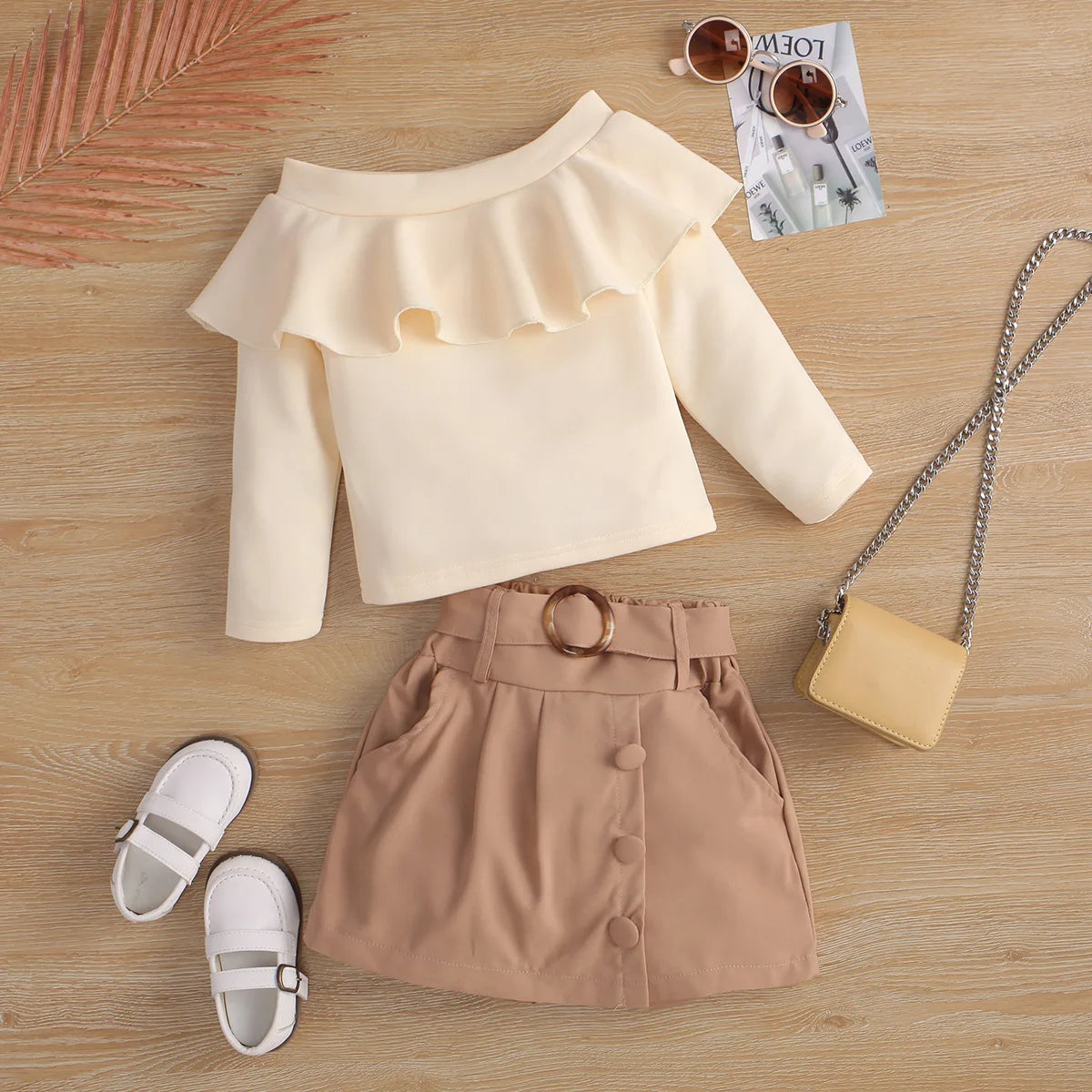 10%OFF 90-130cm New Spring/Autumn Girls One-Shoulder Ruffled Long Sleeve Pullover Solid Color Open Pocket Skirt Set With Belt