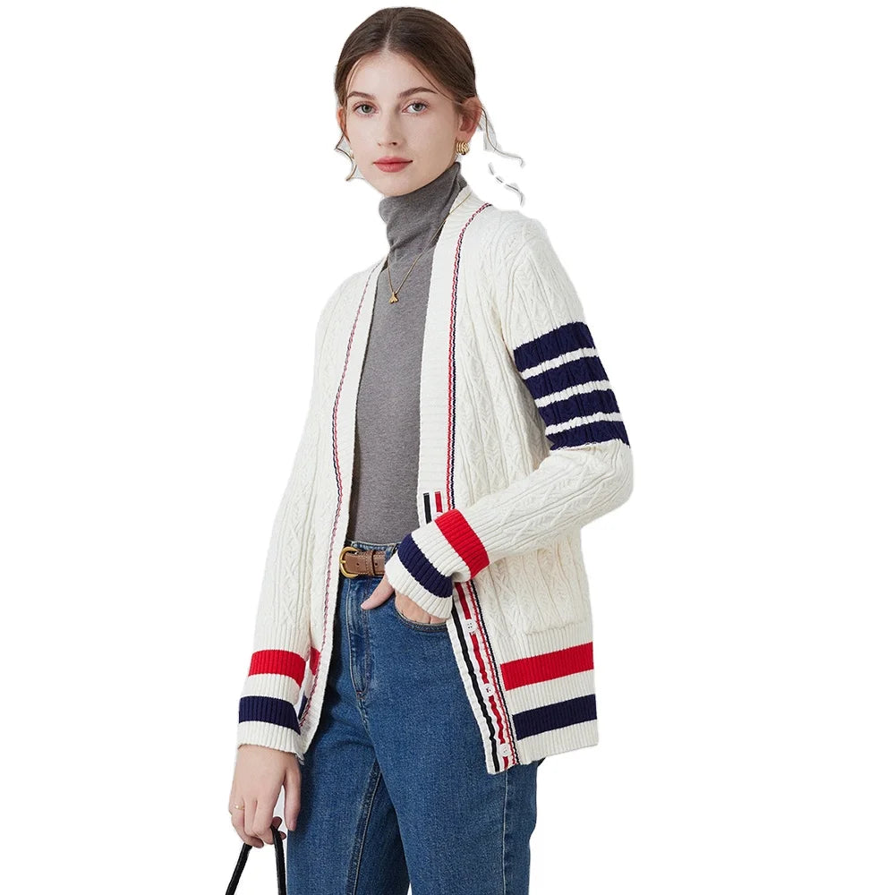 Autumn Winter  Mid Length Loose Top Sweater Preppy Style  Outdoor Women's Cardigan Striped Pattern Knit Sweater for Women