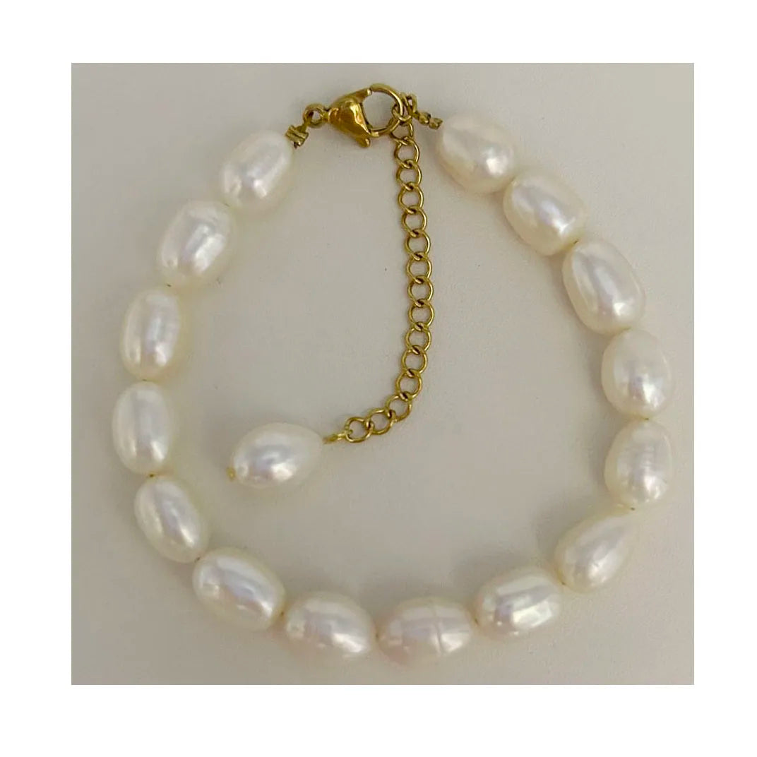 New Top Fashion Natural Rice Pearl Braceletstainless Steel Pvd 18k Gold Lobster Closer Waterproof100% Nature Freshwater Pearl
