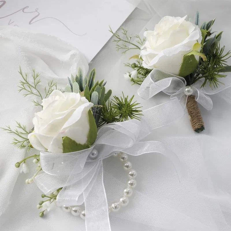 Hot Selling Rose Wrist Corsage Wristlet Band Bracelet and Men Boutonniere Set for Wedding Prom Suit Decorations