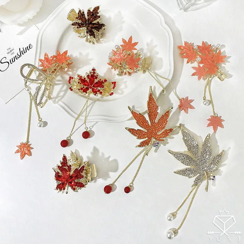 Red Maple Leaf Tassels Crystal Hair Claw Clip Vintage Hanfu Chinese Style Rhinestone Hairpin Ponytail Crab Grip Hair Accessories