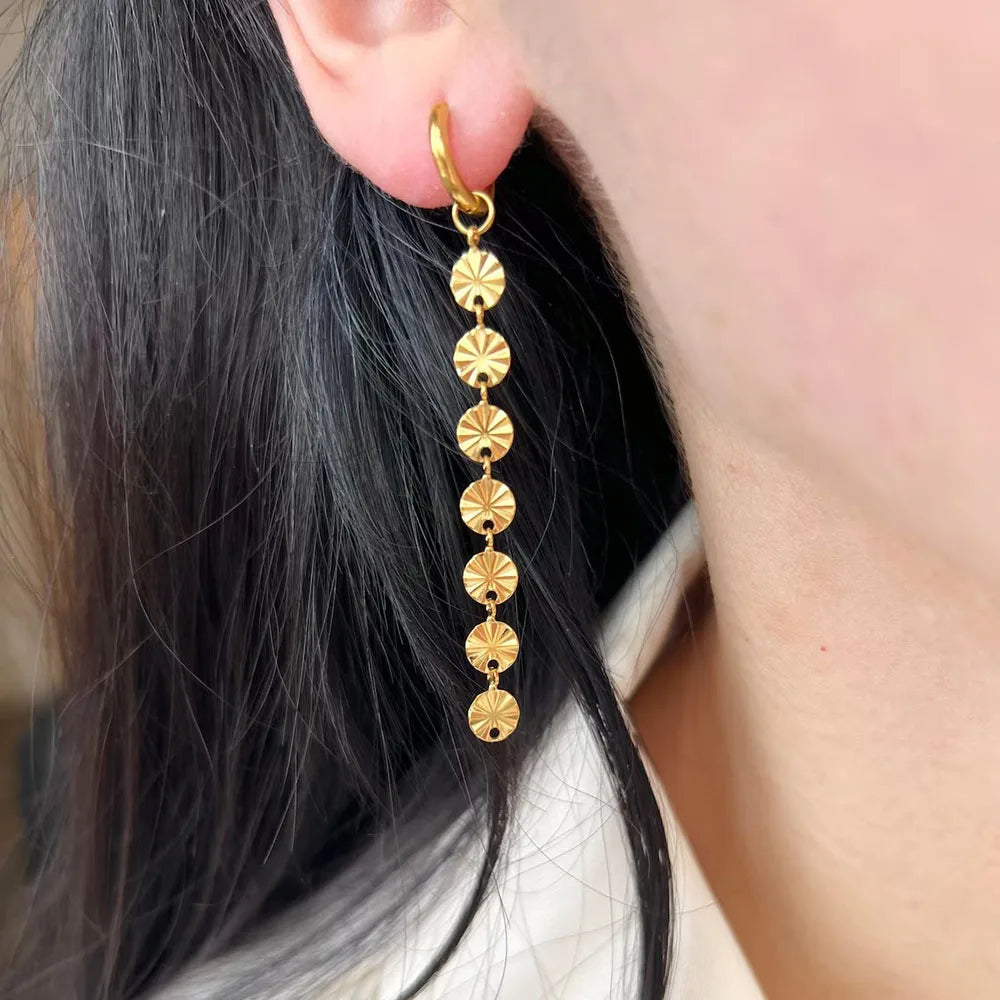 Stainless Steel 18K Gold Plated Disc Hoop Dangle Earrings Dainty Drop Thread Earrings  Gift for Her
