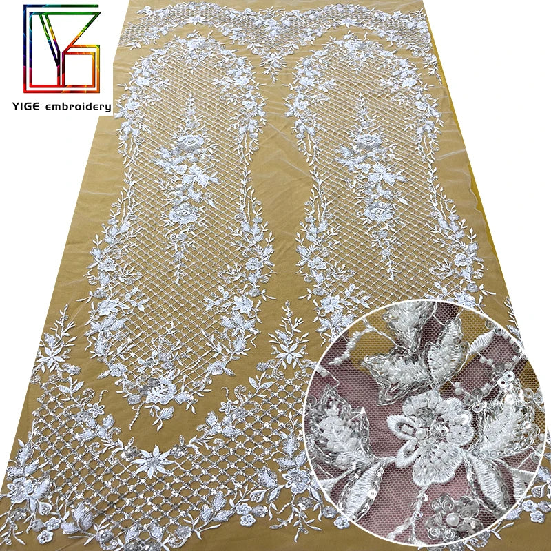 Luxury French Beads Sequins Fabric Bridal White Embroidery Pearl Lace Weddings Tulle Dress Beaded Lace Sequin Fabric