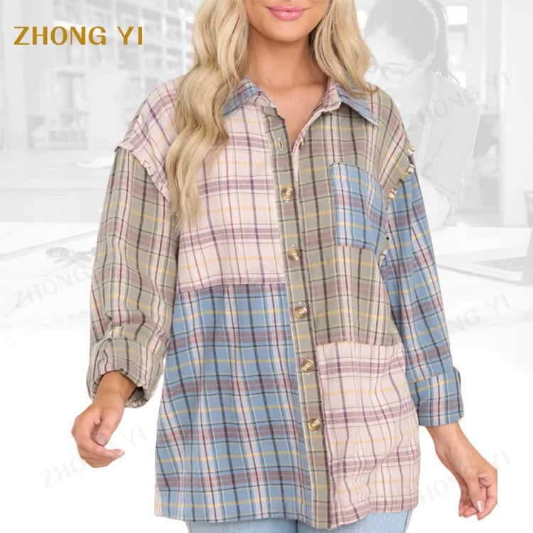 Clothing Factory Wholesale Custom New Woman Shirts Long Fall Loose Tops Oversized Plaid Button Down Women Top Shirt
