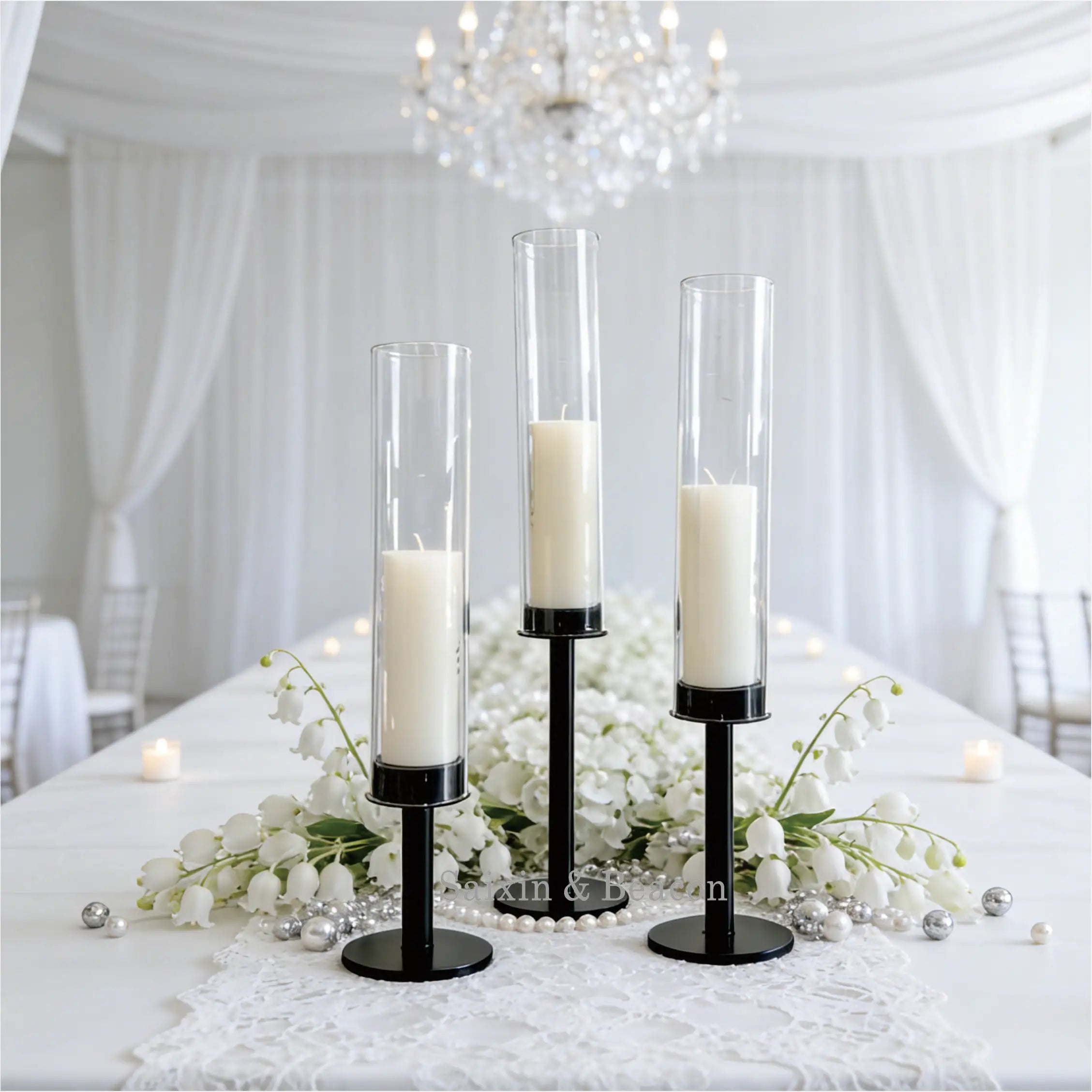 Factory Wholesale Wedding Decor 3 Pcs Set Glass Tube Candelsticks Black Metal Candle Stands