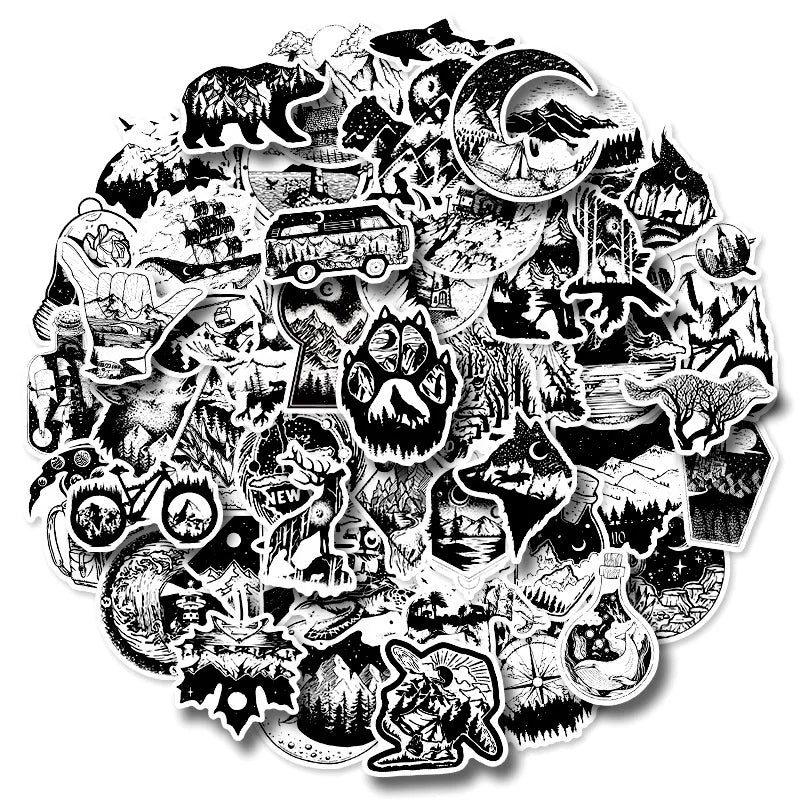 50Pcs Gothic Trend Cool Graffiti Sticker Black White Diy Decorative Waterproof Vinyl Die Cut Label Custom Stickers