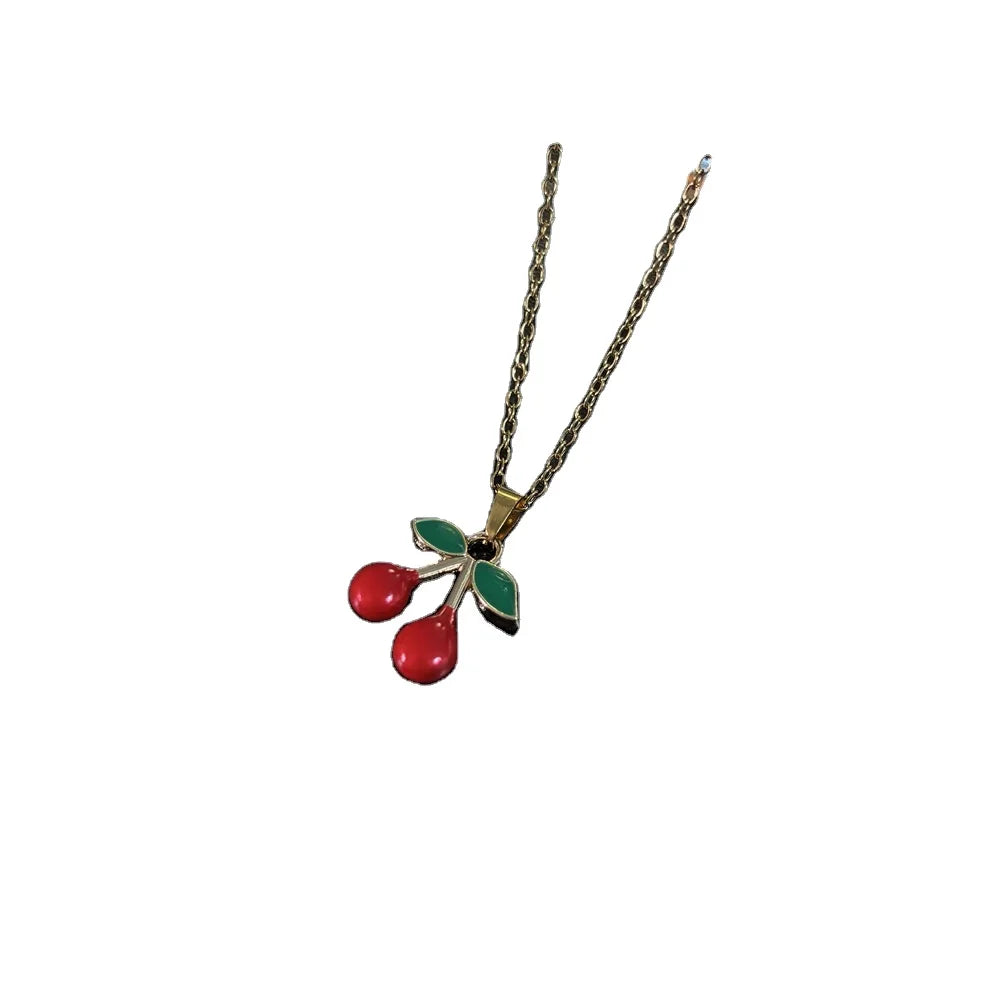 2025 New Models Fashion Red Cherry Charms Pearl Gold Plated Stainless Steel Women Necklaces
