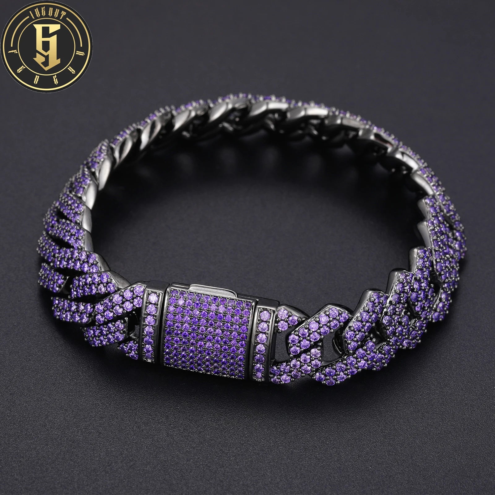 Personality Punk Style 14mm Black Plated Brass Prong 2 Rows Purple Cubic Zirconia Cuban Cuban Bracelet for Men