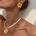 European and American Dopamine Sweet Three-dimensional Flower Summer Ocean Beach Style Acrylic Necklace Earrings Two-piece Set