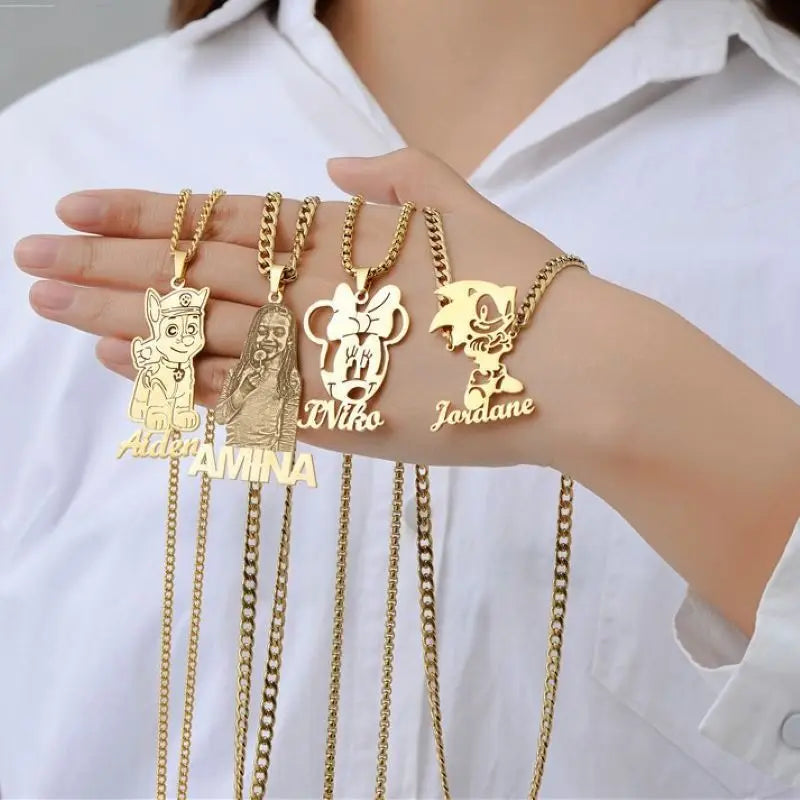 Custom Cartoon Character Necklace Kids Personalized Name Pendant Children Jewelry  Plated Stainless Steel Necklaces