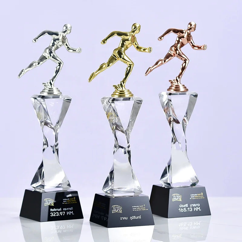 Crystal Trophy Marathon Race Metal Runner Award Black Base for Champion/1st/2nd/3rd Runner-up Glass Sports Cup