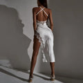 New Arrival Summer Satin Backless Cross Straps Asymmetrical Lace Sex Dress for Women