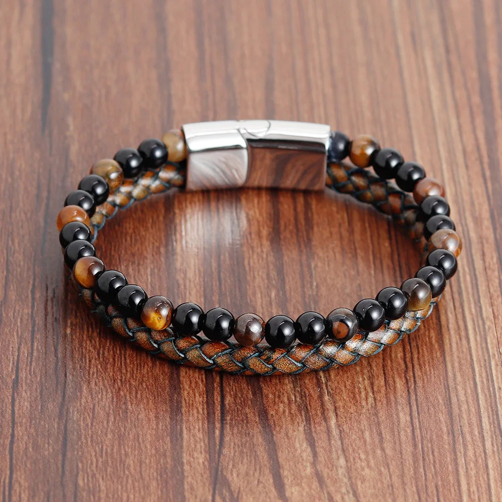 Men Cross Bead Red Stone Jewelry Trending Product Natural Stone Antique Genuine Leather Stone Bracelets for Men OT-048