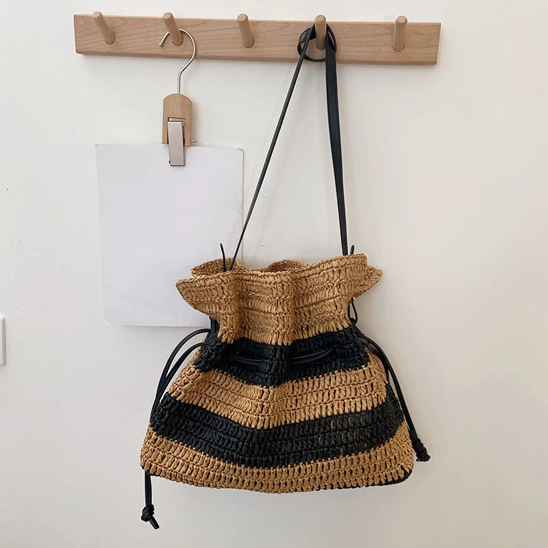 2026 New Straw Bag Summer Draw-bucket Bag Hand-woven Shoulder Bag