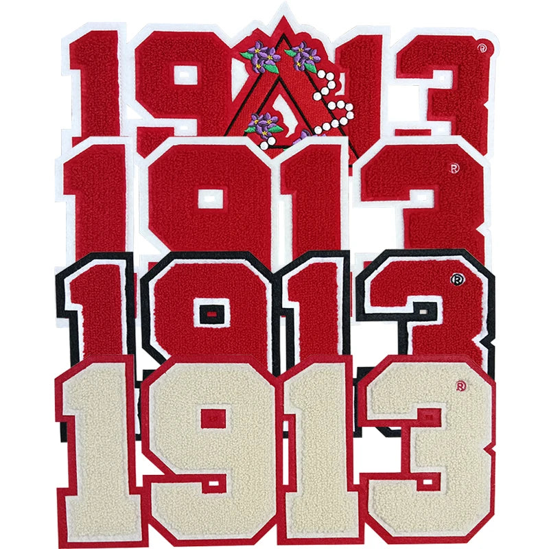 Wholesale Custom Large Delta Sigma Thate Soroity 1913 Towel Greek Letter Embroidery Chenille Iron-On Rubber Patches