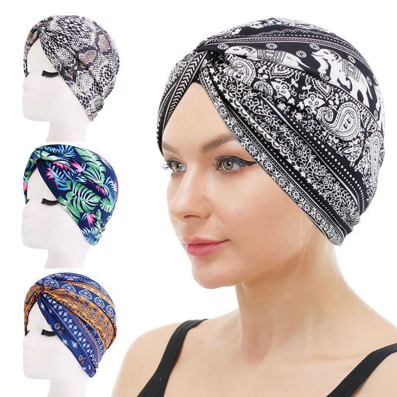 New Fashion Boho Flower Pattern Print Designer Head Bands for Women Accessories Polyester Turbans Bohemian Print Twist Turban