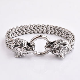 Punk Men's Black Plated Tiger Head Bracelet Stainless Steel Viking Tiger Head Bracelet Clover Engraved Bracelet Stainless Steel