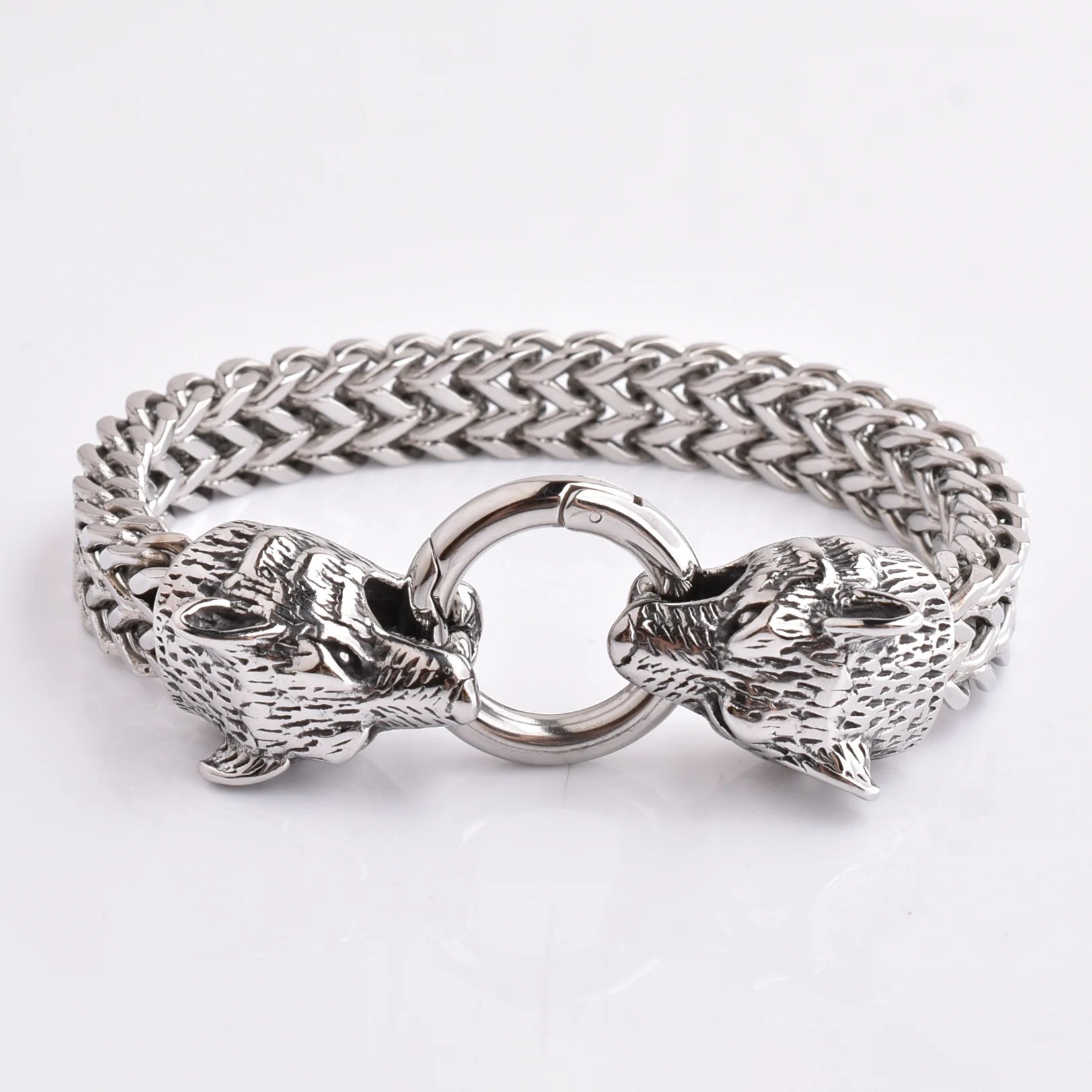 Punk Men's Black Plated Tiger Head Bracelet Stainless Steel Viking Tiger Head Bracelet Clover Engraved Bracelet Stainless Steel