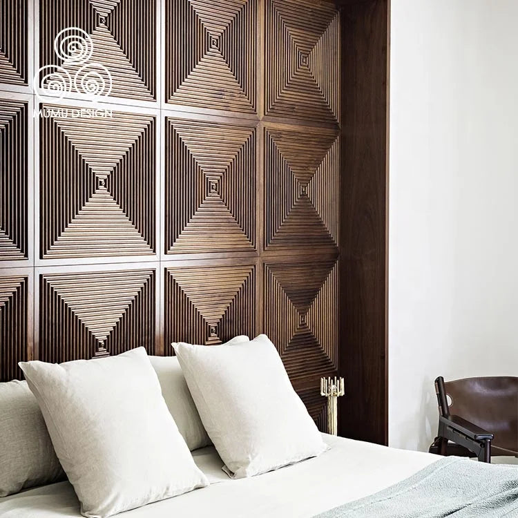 MUMU Outside Interior Solid Wood Board 3D Carved Hexagon Pattern Wall Cladding Panel for House
