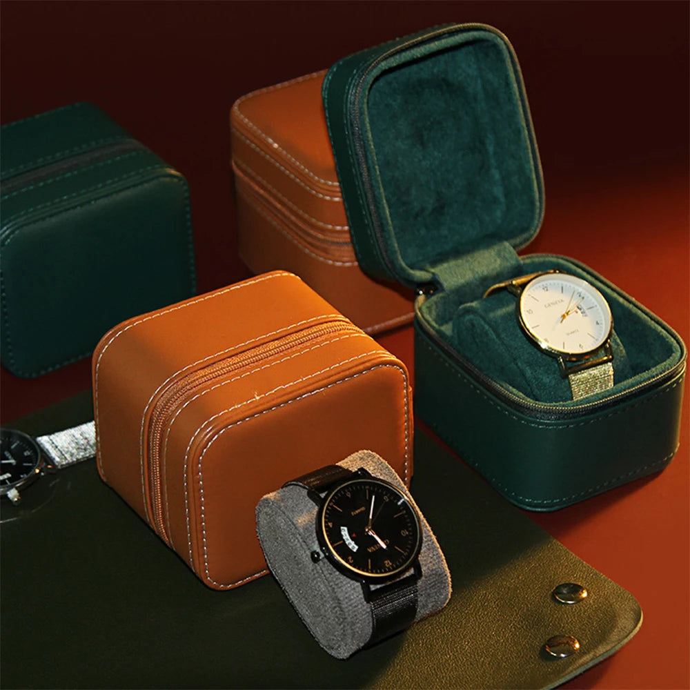 Luxury Men's PU Leather Dustproof Watch Storage Box Portable Single Travel Arched Case with Zipper for Inside/Outside Use