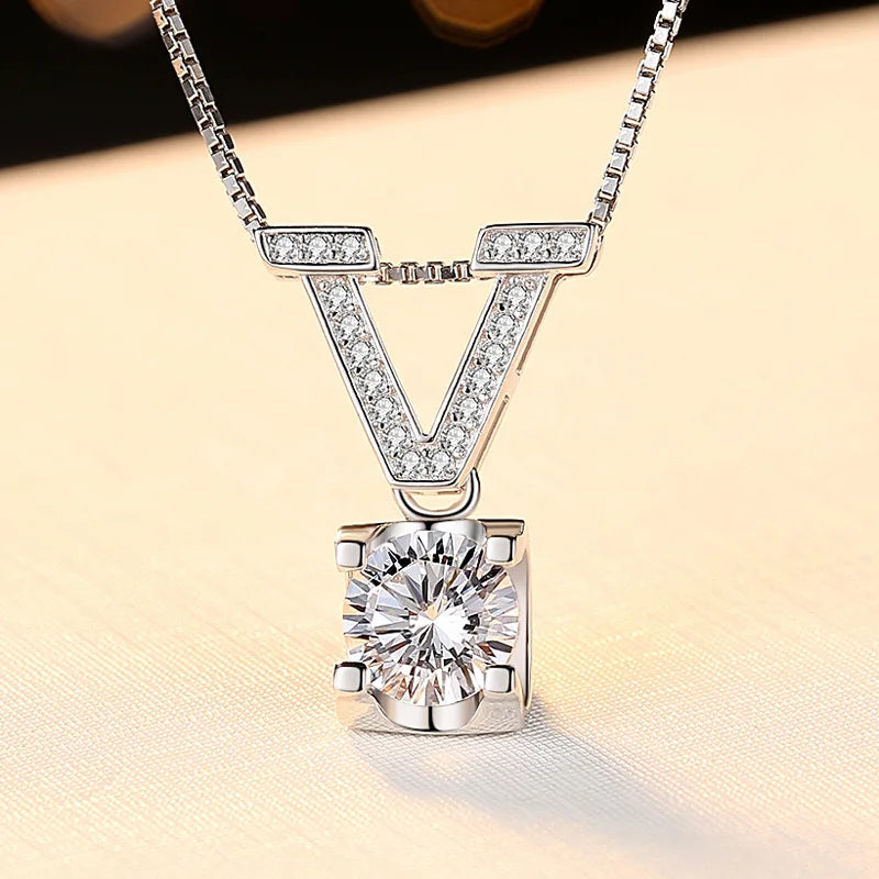 1Carat Simple Design V Shape Luxury White Moissanite Diamond Necklace for Women Girl Gift High Grade Wedding Jewelry