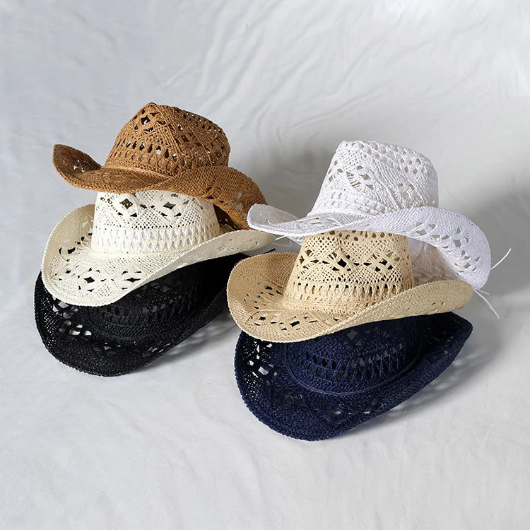 Malan Hand-Woven Hollow Cowboy Straw Hat for Men and Women Summer Sun Hat for Adults Promotional Holiday Hat