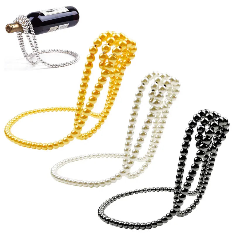 Creative Artificial Pearl Necklace Floating Wine Holder Metal Wine Display Stand Wine Bottle Rack for Bars and Home Decoration