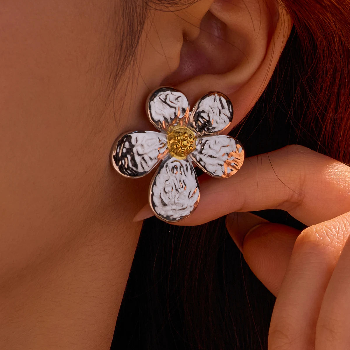 New Trendy  Gold and Silver Flower Design Fashion Jewelry Stainless Steel Waterproof Stud Earring  for Women