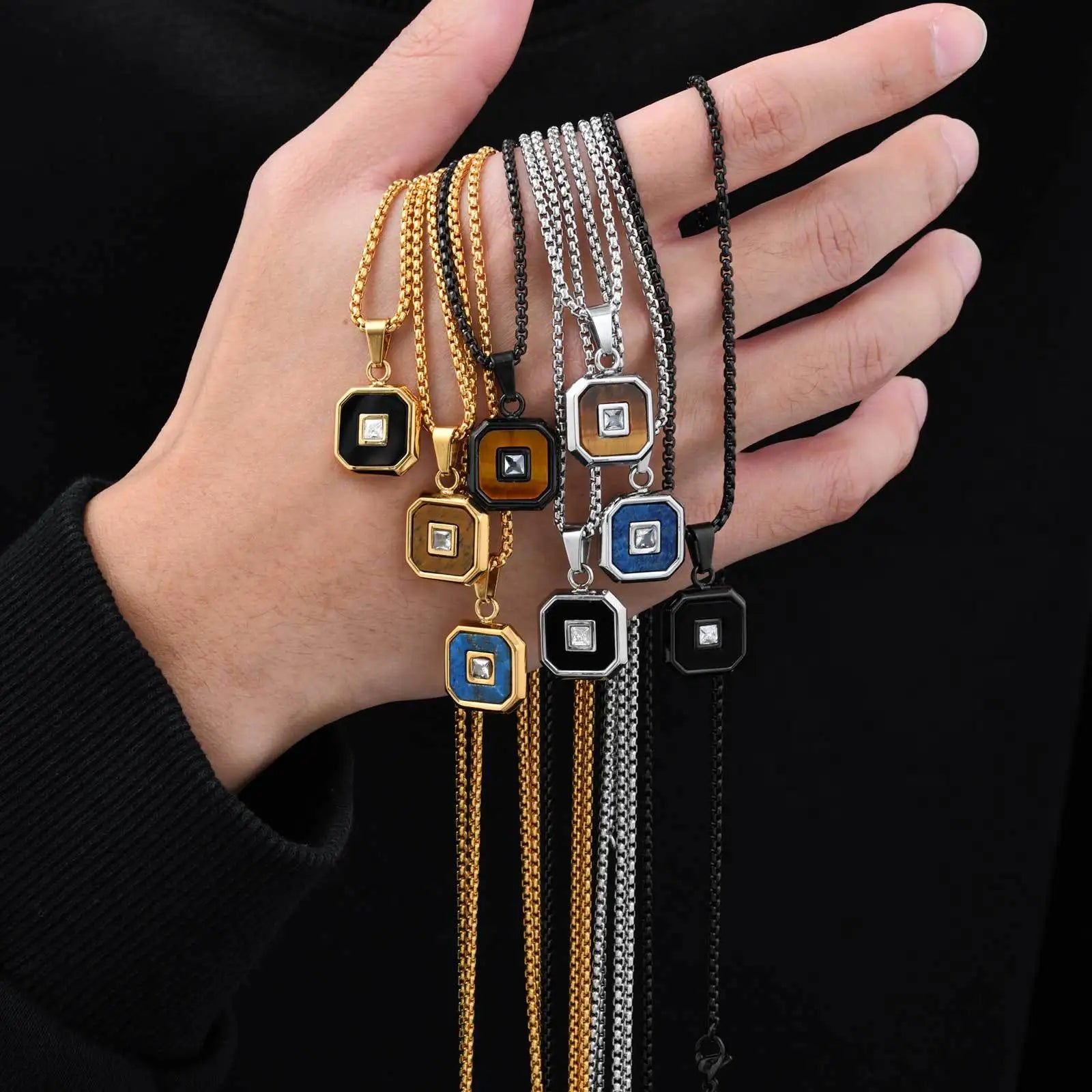 Popular New Trendy Gold Plated Stainless Steel Lapis Lazuli Zircon Square Pendant Jewelry Blue Natural Stone Men Necklaces