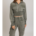 Custom Logo Washed Half Zip up Neck Crop Jacket Sweatshirt Solid Color Long Sleeve Women's Casual Pullover Jacket With Pockets