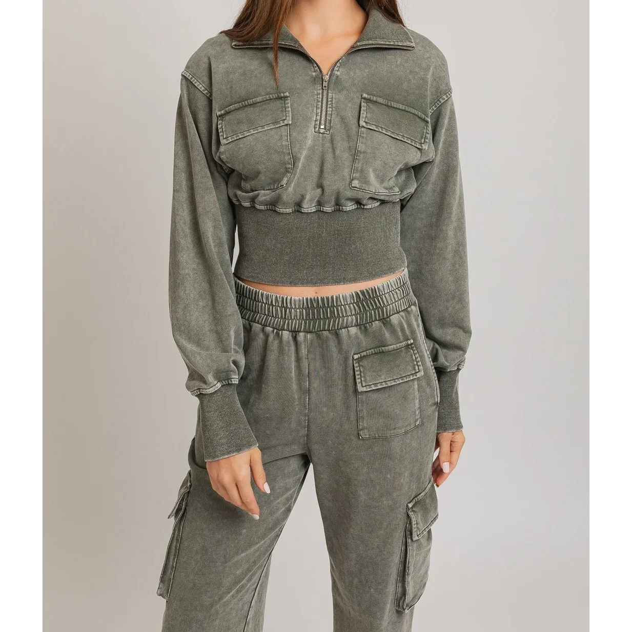 Custom Logo Washed Half Zip up Neck Crop Jacket Sweatshirt Solid Color Long Sleeve Women's Casual Pullover Jacket With Pockets