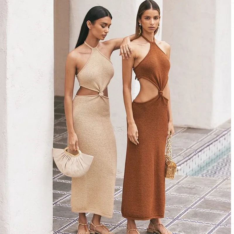 Women Autumn Crepe Simple Sleeveless Collarless Cold Shoulder Floor-Length Bodycon Casual Sweater Dress