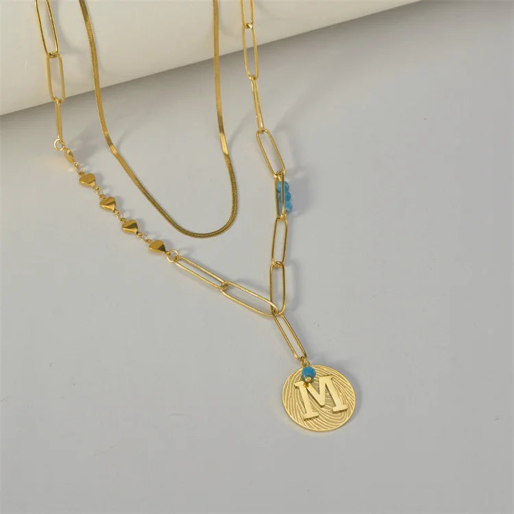 Creative Round Pendant M Letter Necklace Stainless Steel Gold Plated Chain Necklace Blue Bead Stone Heart Charms Pendant