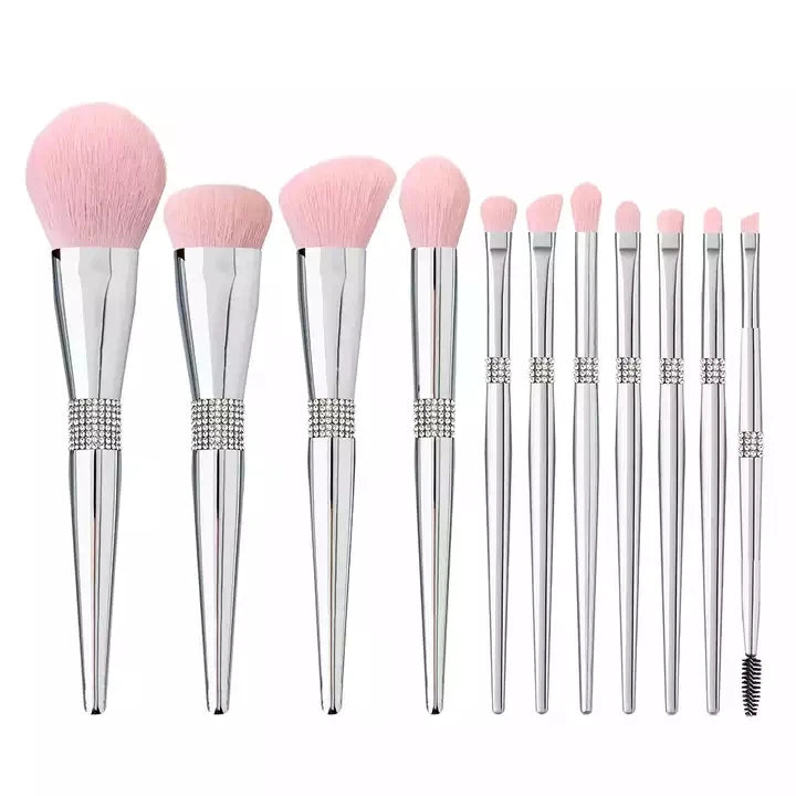 HMU New Luxury Professional 11Pcs Bling Private Label Glitter Synthetic Low MOQ Custom Logo Plastic Handle Silver Makeup Brush