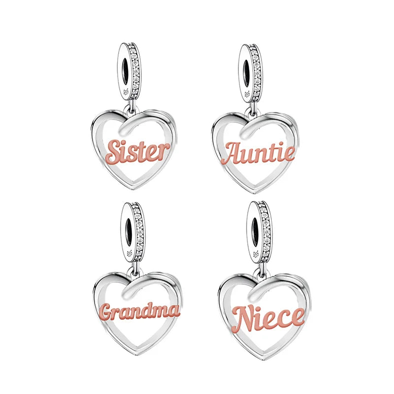 Fit Original Brand Charm Bracelet 925 Sterling Silver Love Heart Sister Grandma Auntie Niece Bead for Women Jewelry Making