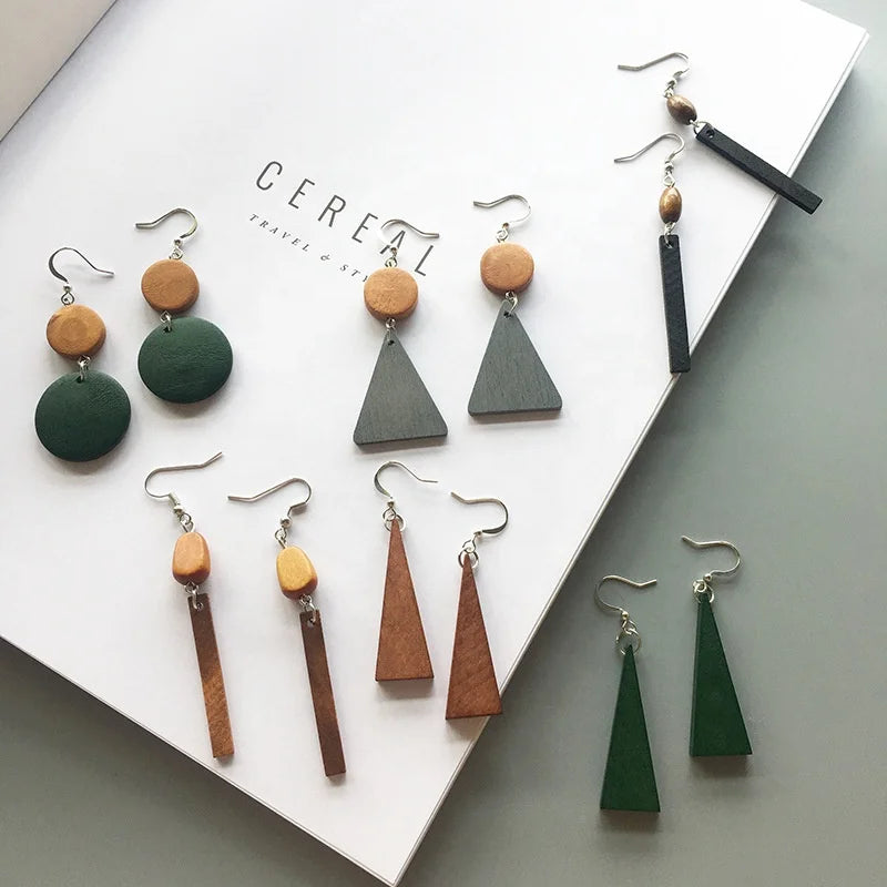 Simple Fashion Retro Wood Drop Earring Exaggerated Long Ear Rings Wooden Geometric Dangle Hoop Earrings for Female