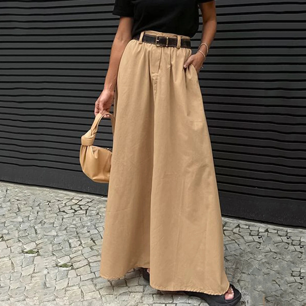 Enyami Streetwear Chic Design Fashion Office Leisure 100% Cotton High Waist Skirt Women A-line Maxi Long Skirts With Pockets