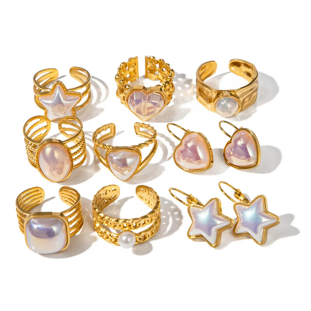 Chunky Waterproof Women Stainless Steel Heart Colorful Star Baroque Pearl Ring