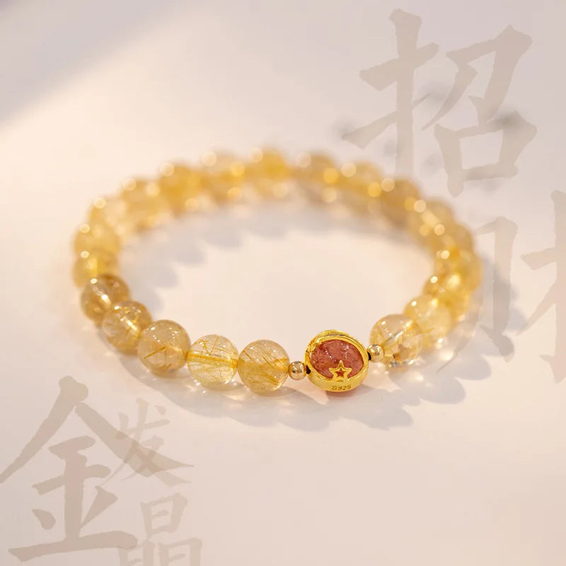 2023 Classic Gold-Plated Citrine Blond Beaded Bracelet for Women Yellow Crystal Rutilated Quartz for Wedding BFF Gift