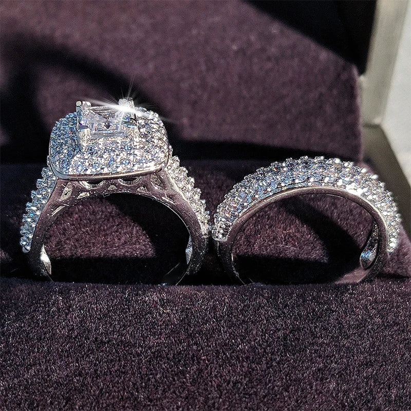 CAOSHI Trendy Luxury Silver Coating Wedding Ring Set Band for Bridal Girls and Women Ladys Love Couple Pair Jewelry