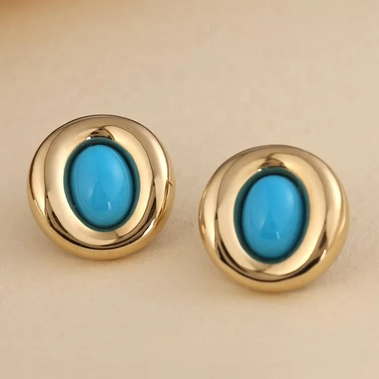 Ruyi New Arrival 18K Yellow Gold Turquoise Stud Pendant Vintage Diamond Earrings Wholesale Jewelry Gift