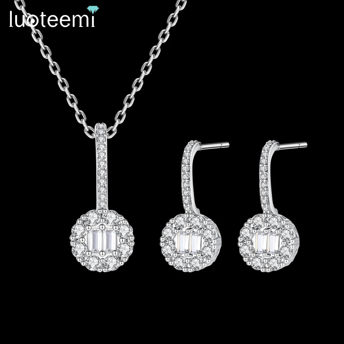 LUOTEEMI Jewellery Flower Earing Fashion Necklace Hot Sale Woman Chain Earring Necklace Zircon Jewelry Set